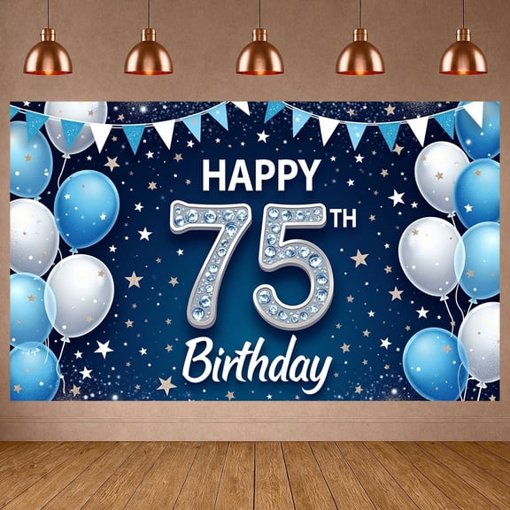 Blue White Theme 75th Birthday Banner Decor Happy Birthday Display Star Pattern Balloon Design Anniversary Backdrop for 75th Birthday Party Anniversary Celebration Family Gathering