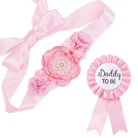 EIMELI Pink Maternity Decoration Sash And "DADDY To Be" Badge Corsage Set For Baby Girl Shower Party Pregnant Woman Belly Flower Belt Keepsake And Gift