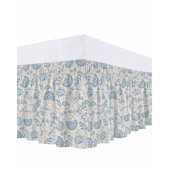 Farmhouse Light Blue Floral Bed Skirt King Size 18" Drop Linen Boho Paisley Flower Rustic Ruffled Wrap Around Bed Skirts Adjustable Elastic Bedskirt Dust Ruffle for King Size Bed