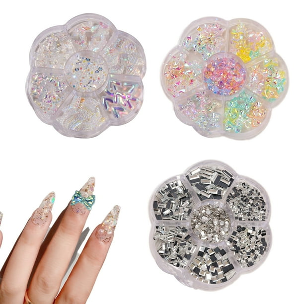 3 cajas mezcladas de cuentas de lazo para decoración de uñas, parte trasera plana, diamantes de imitación de resina, decoraciones para uñas, diseños de manicura, accesorio de joyería DIY