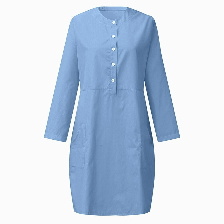 BZGTZT Women's Cotton Linen Button Down Shirt Dresses Roll Up Solid Color Mini Dress Elegant Fitted Dresses with Pockets, Size: 4XL, Blue