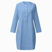 CALAFEBILA Summer Dresses for Women 2025 Vacation Long Sleeve Solid Color Knee Length Shirt Dress Cotton Linen Button Down Long Women's Dresses