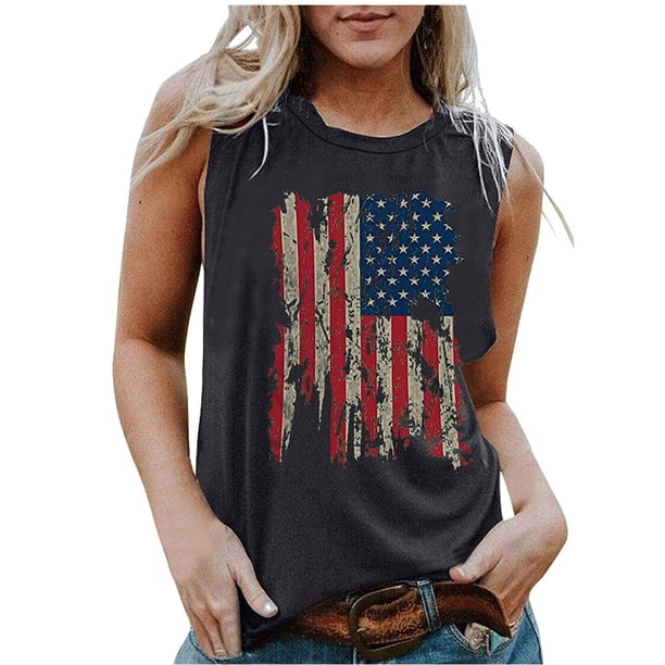 Camisetas sin mangas con estampado de bandera del Día de la Independencia sin mangas con cuello redondo para mujer a la moda Pompotops lopia988687