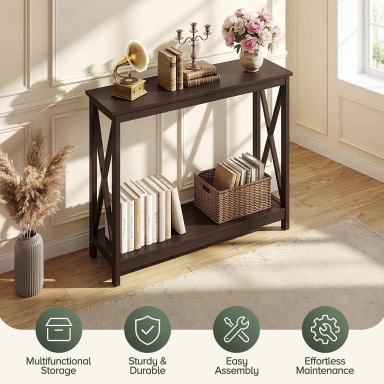 ZENY 39.4" 2-Tier Console Table, Brown Wood X-Frame photo 4