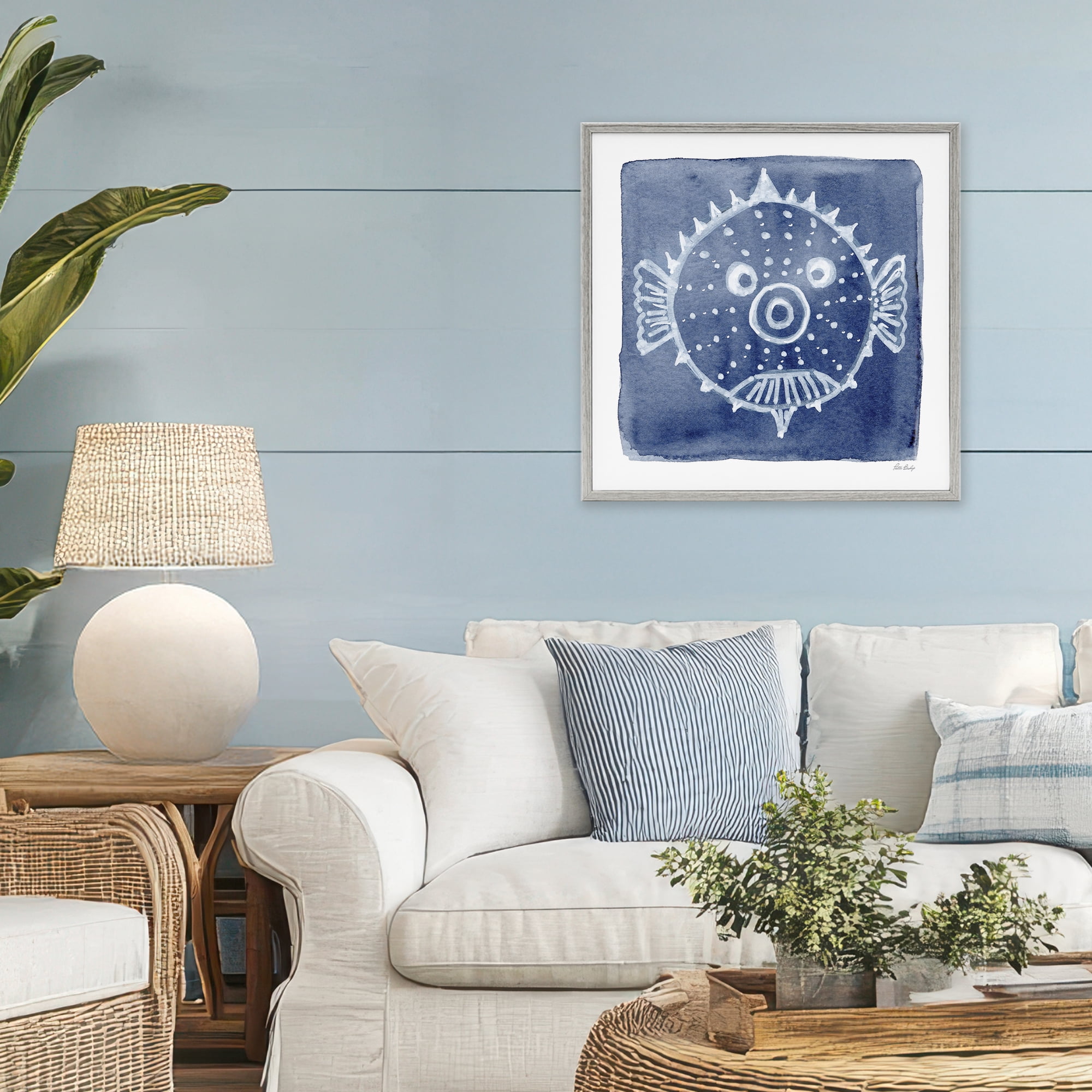 Stupell Industries White Blow Fish on Indigo Gray Framed Giclee Art, design by Patti Bishop