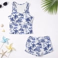 thumbnail image 5 of COEQINE Two Piece Taniki Swimsuit for Girls, Round Neck Top with Shorts Racerback Swimwear with Chest Pad, Modest Bathing Suit for 6-7 Year Olds, Easy Care, Blue White Palm Tree, 5 of 8