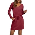 thumbnail image 2 of Nmnitkp Dresses for Women Casual Long Sleeve Dress V Neck Loose Solid Color Tie Waist Party Dresses Red,L, 2 of 7