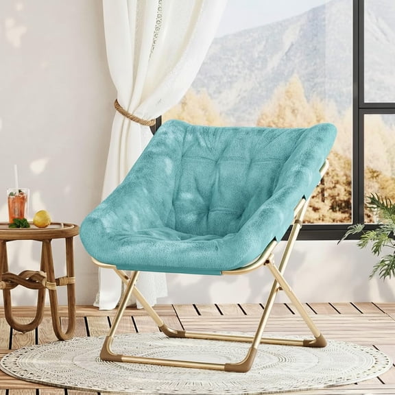 300 LB Capacity Comfy Faux F-ur Saucer Chair - Foldable Metal Frame Design, No Assembly for Bedroom & Dorms