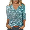 thumbnail image 2 of JTZGDY Sequin Tops for Women Plus Size 3/4 Sleeves Glitter Sparkly Printed Sexy V Neck Basic T-Shirts Dressy Casual Summer Oversized Tunic Blouse Multicolor#04 XXL, 2 of 6