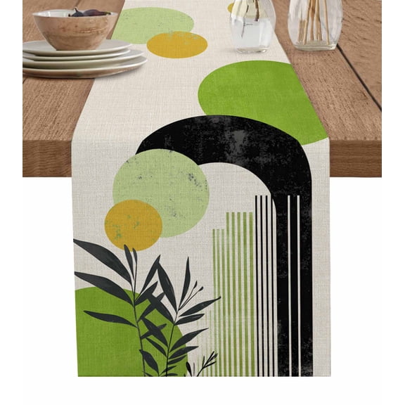 Boho Middle Century Table Runner 72 Inches, Abstract Green Geometric Leaves Bed Runner Dresser Scarves Tabletop for Indoor Outdoor Parties/Ceremony/Banquet, 13" x 72"