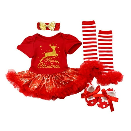 

Linen Purity Casual Baby Girls Outfits Short Sleeve Romper Tutu Dress+Headband+Striped Leg Warmers+Shoes Christmas Set