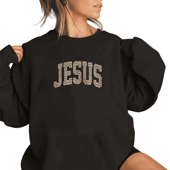 Black womens Print Sweatshirt Graphic Sweatshirt Leopard Print JESUS Christian Daily S-3XL Plain Tops