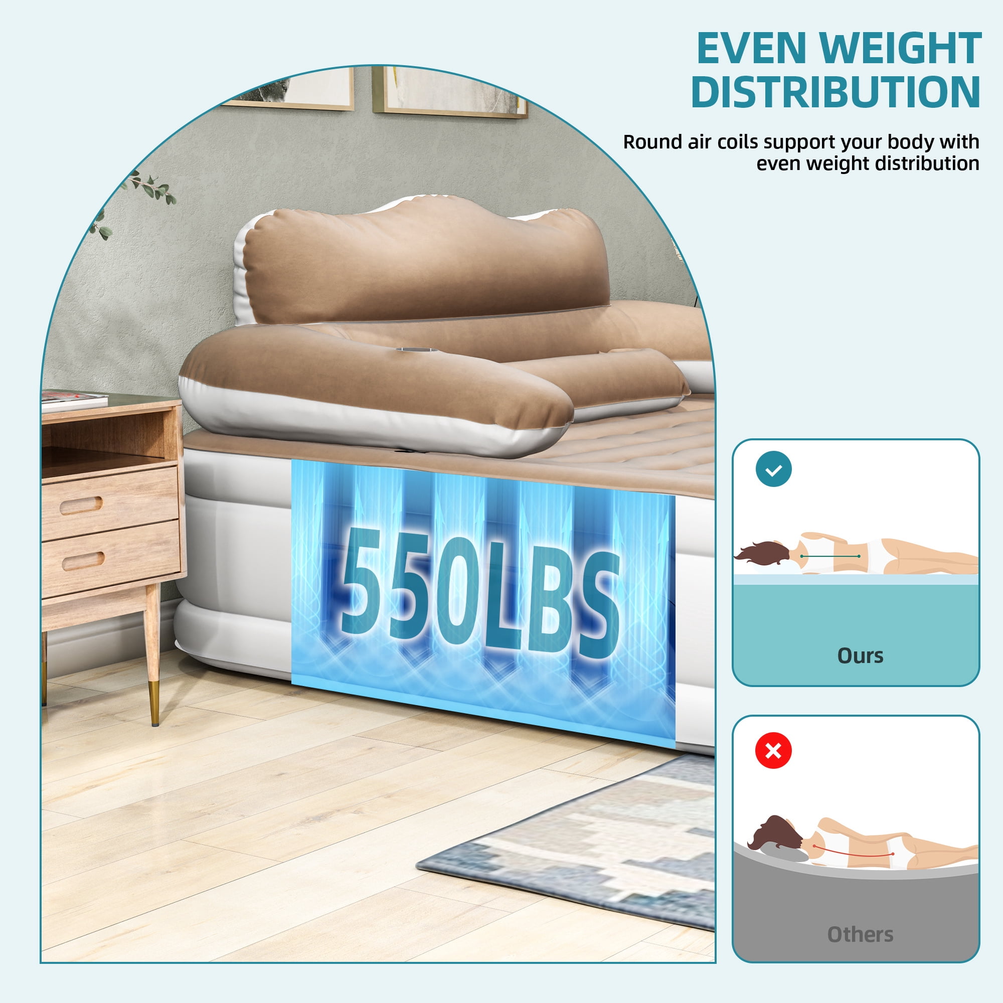 Uforic Inflatable Queen Air Bed, 18" Thick Mattress with Headboard, Built-in Pillow and Electric Air Pump, Brown, Indoor Outdoor Use