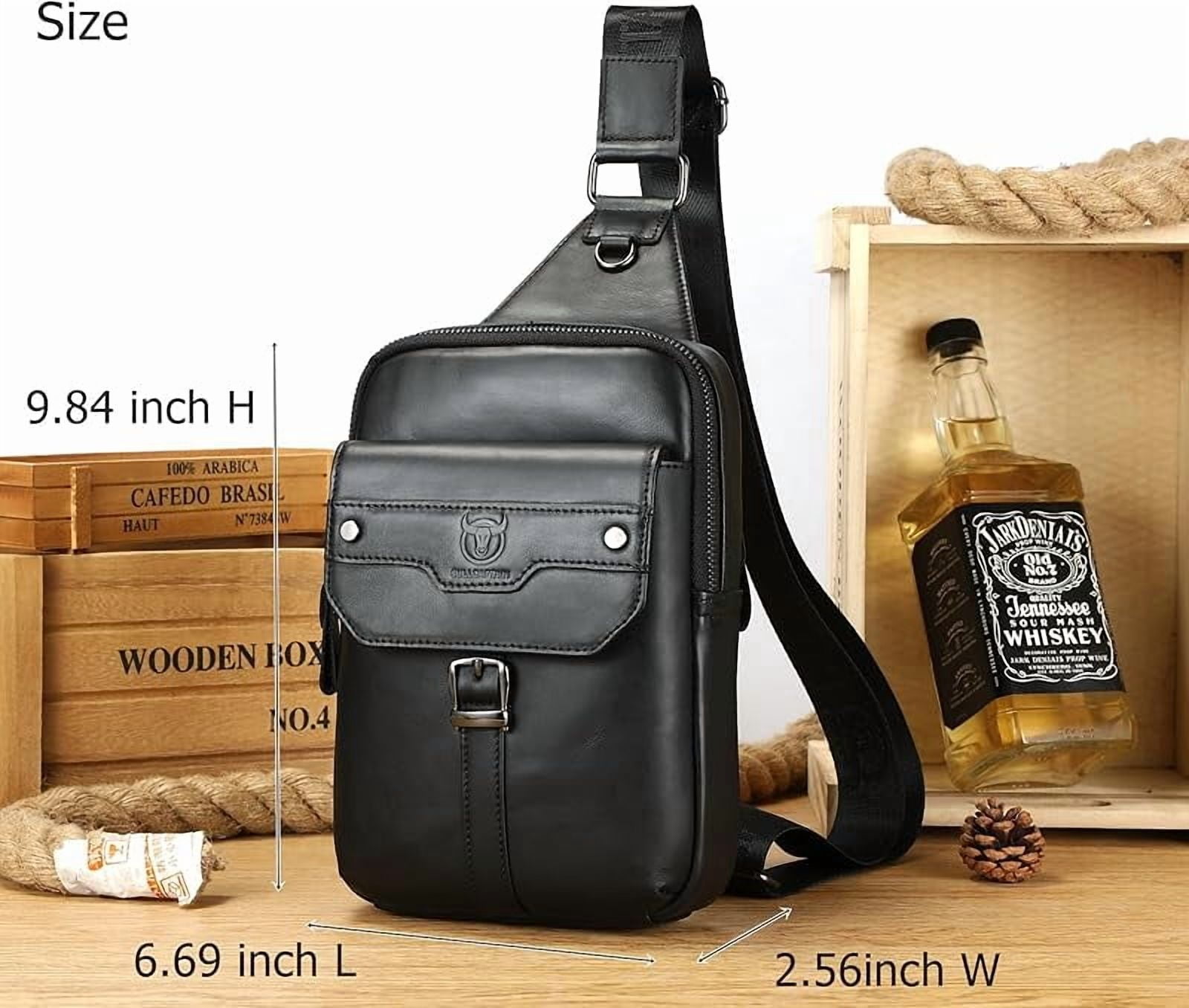BULLCAPTAIN Men's Leather Samll Crossbody Backpack Sling Chest Bag for Hiking Travel