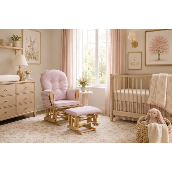 Suite Bebe Mason Wooden Nursery Rocking Chair with Ottoman, Baby Nursing Glider Rocker, Poetic Natural/Pink