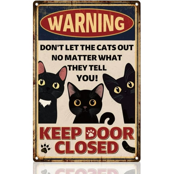 Funny Black Cat Retro Wall Decor Metal Tin Sign 8" x 12" Keep Door Closed Vintage Wall Art Poster for Home Coffee Room Decor Animal Lovers Gift 1 pc