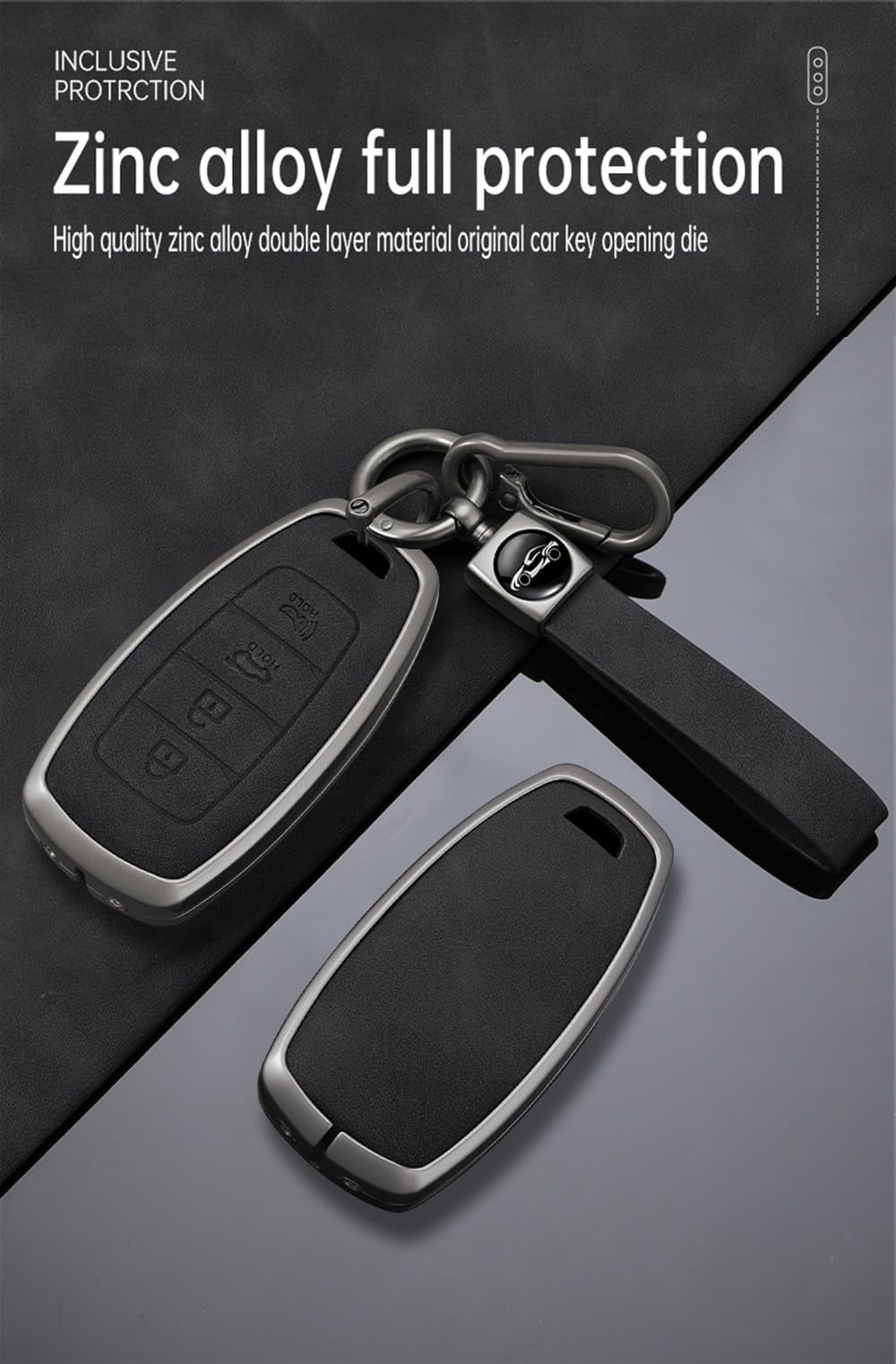 Key Fob Cover with keychain, Zinc Alloy Car Key Fob Case Compatible with Hyundai i30 ix25 Ix35 Elantra Encino Kona Solaris Azera Grandeur Ig TM Accent Santa Fe Palisade 4 Button Key Protector Holder
