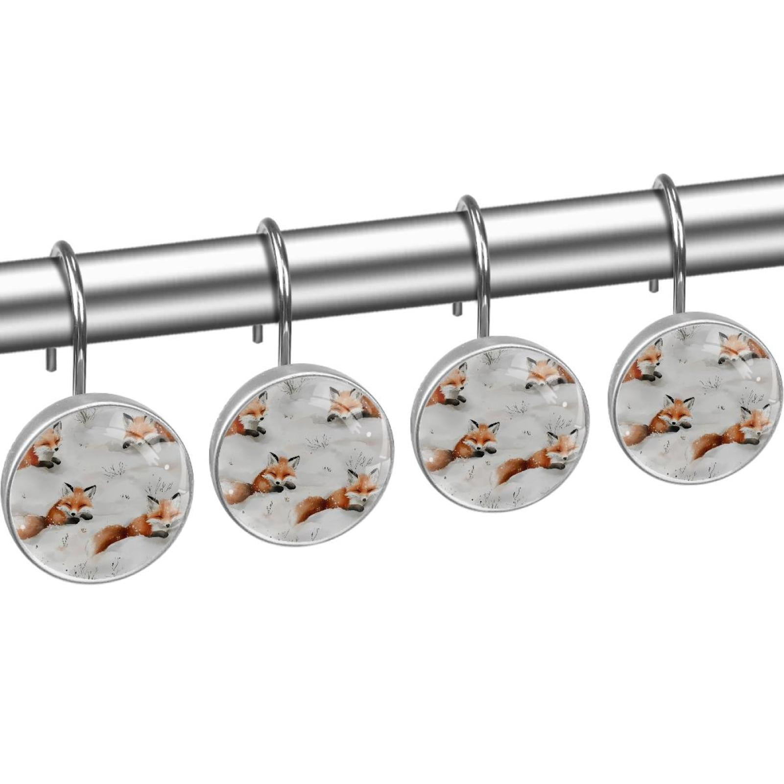 Happy Foxes Plays on Snow Shower Curtain Hooks Round Crystal Glass, Set of 12 Shower Curtain Rings - Shower Hooks for Curtain Shower Rings