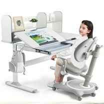 COSVALVE Height Adjust Kids Study Desk and Chair Set Tilt Desktop Table Ergonomic Armrest Chair with Bookstand,Drawer,for Home/School(Gray)