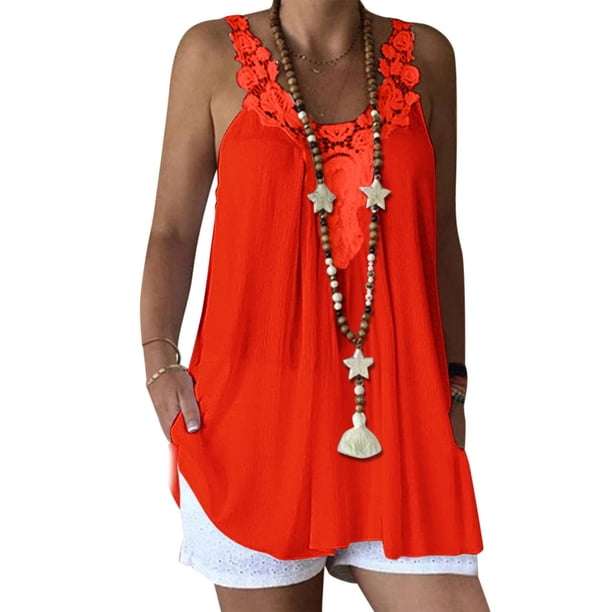Blusa superior de color sólido sin mangas con tirantes casuales de moda de encaje para mujer Pompotops qyievc2177