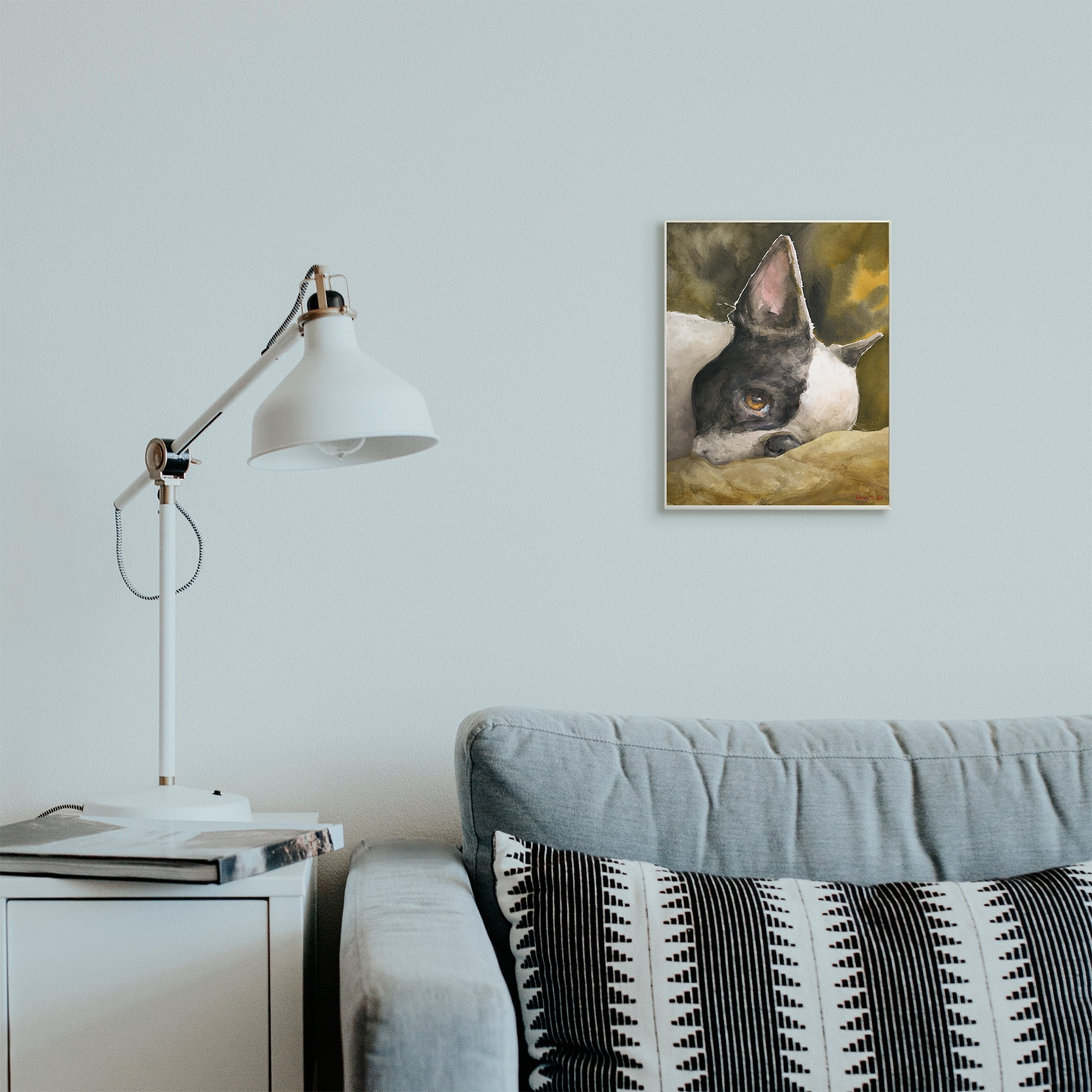Stupell Industries Boston Terrier Resting Dog Pet Portrait Black Brown Wall Plaque, 10 x 15, Design by George Dyachenko
