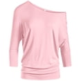 thumbnail image 1 of Tops Dolman para mujer con hombros descubiertos, cintura con bandas, mangas 3/4, camisetas de talla regular y grande (talla XL, rosa bebé), 1 of 6