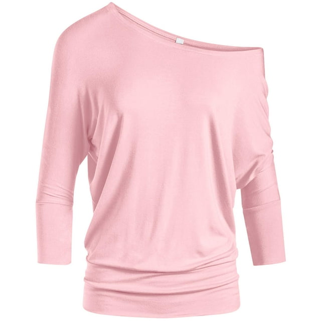 Tops Dolman para mujer con hombros descubiertos, cintura con bandas, mangas 3/4, camisetas de talla regular y grande (talla XL, rosa bebé)