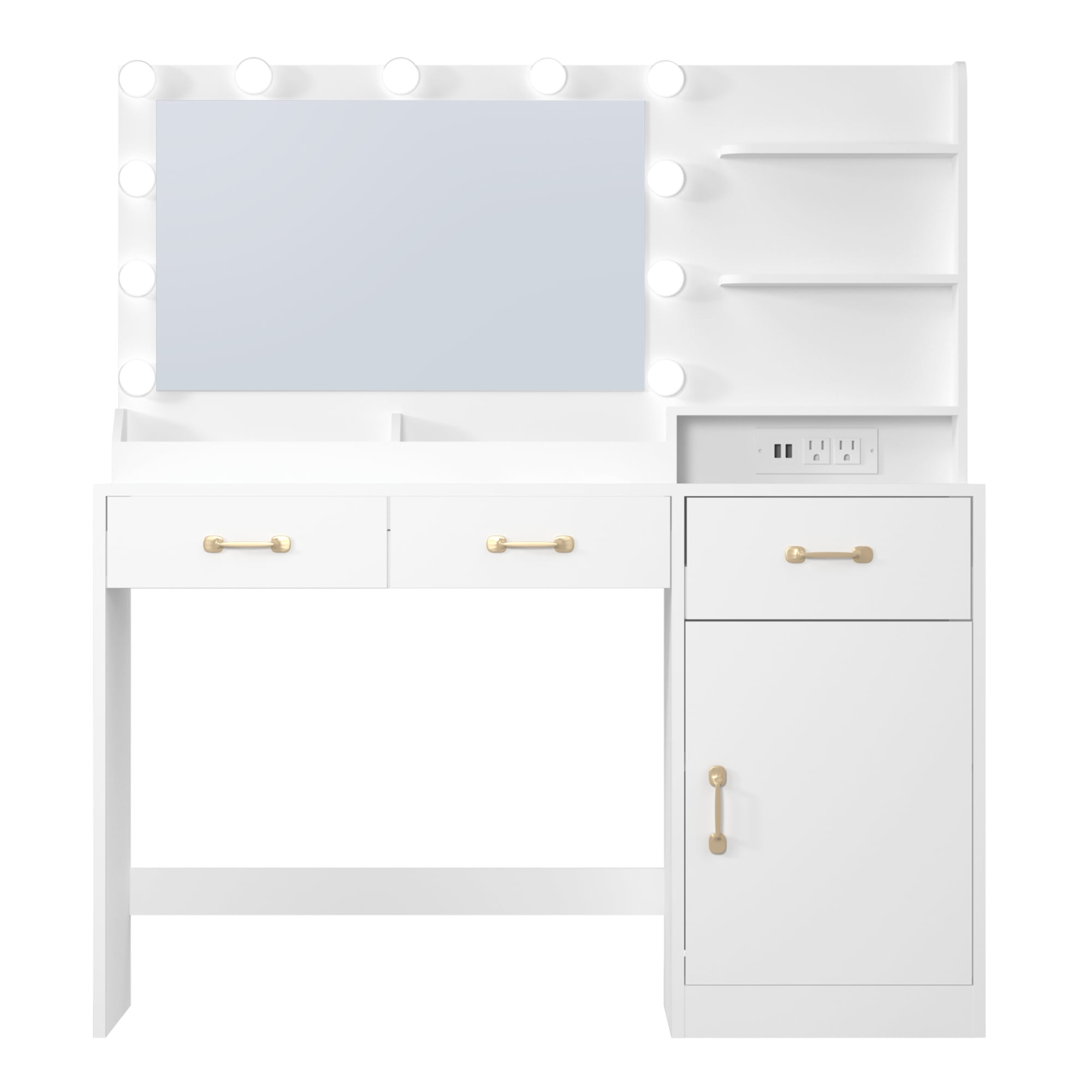 Vanity Desk with Lighted Mirror & Power Outlet, Modern Makeup Vanity Table with Drawers, Cabinets & Stool for Bedroom