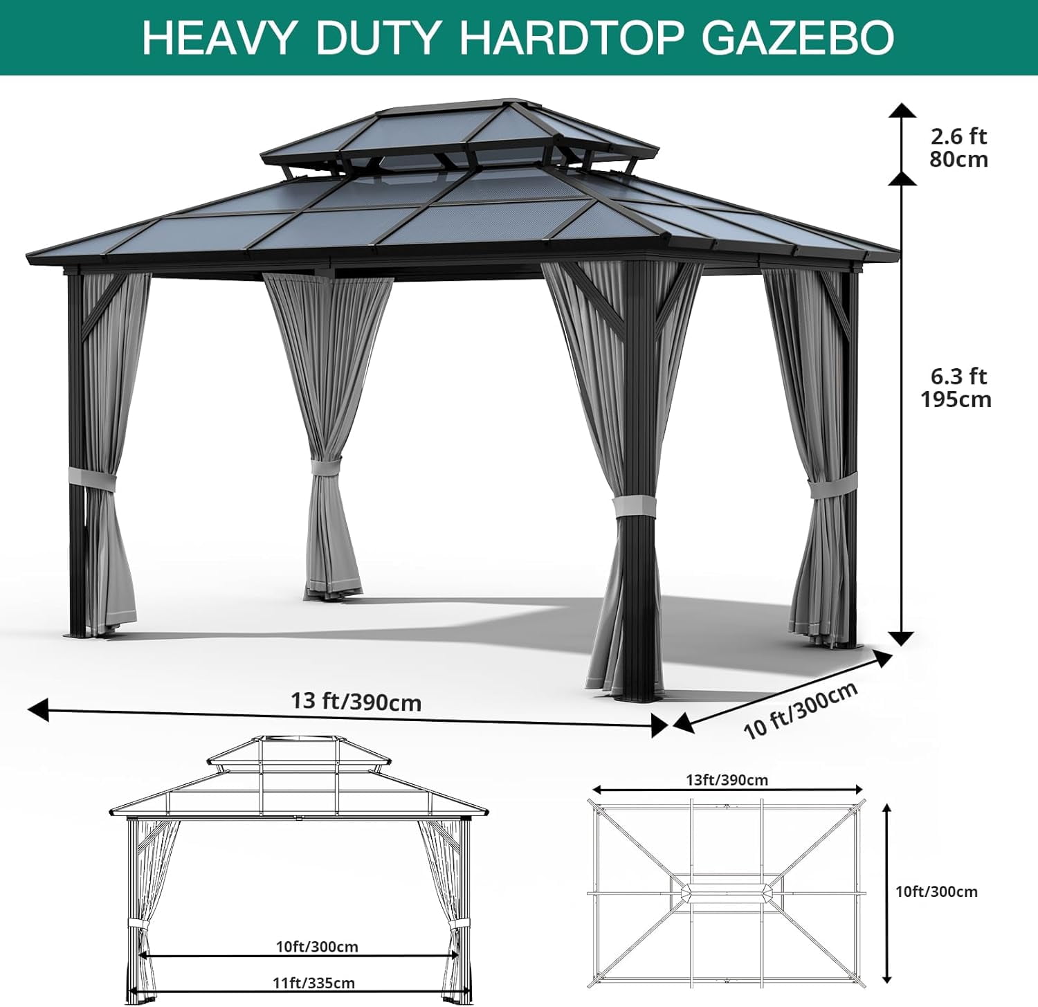 2025 New 10x13ft Gazebo, Hardtop Outdoor Canopy Aluminum Frame Permanent Gazebo with Netting and Curtains, Polycarbonate Garden Tent for Patio, Lawn, Backyard, Deck