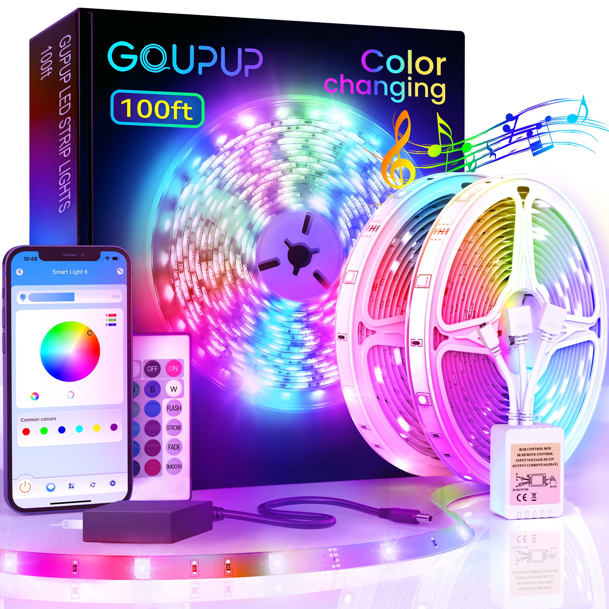 GUPUP 100ft LED Strip Lights(2 Rolls of 50ft), Music Sync LED Lights with Smart APP and 24 Key Remote Control,RGB Color Changing Lights for Indoor DIY.
