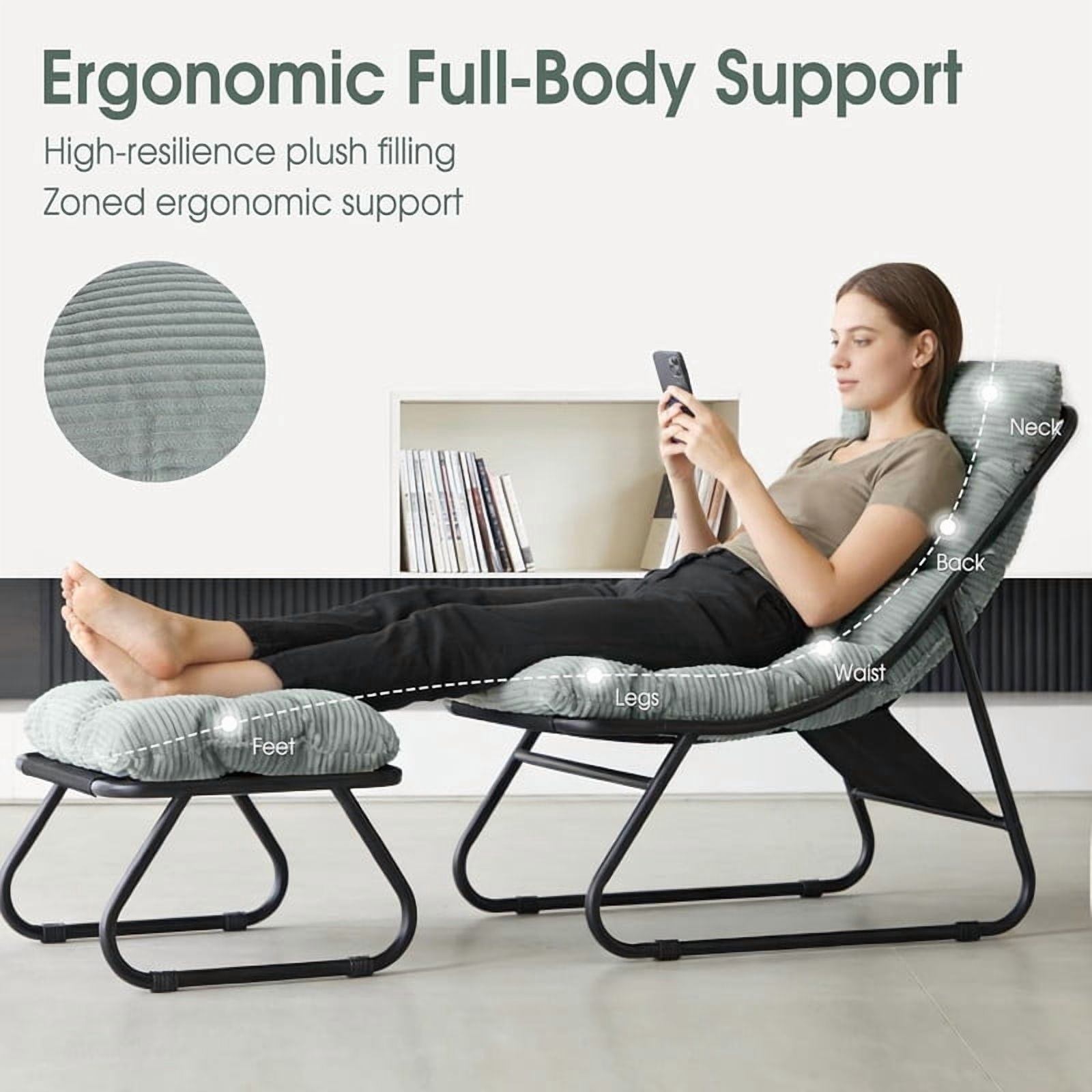 Modern Patio Lounge Chair with Ottoman, Comfy Sling Recliner Chair with Puffy Cushion and Foot Stool for Indoor Outdoor Living Room