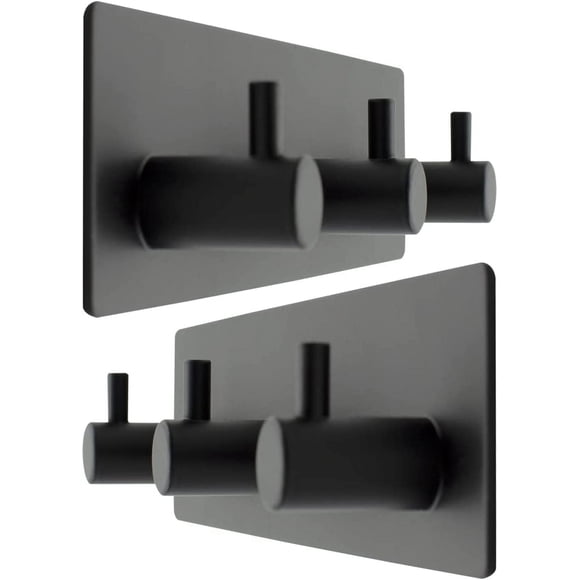 Paquete de 2 ganchos autoadhesivos, 3 ganchos de acero inoxidable impermeables para baño, toallas, sombreros, abrigos, dormitorio, ganchos resistentes para puertas (negro mate)