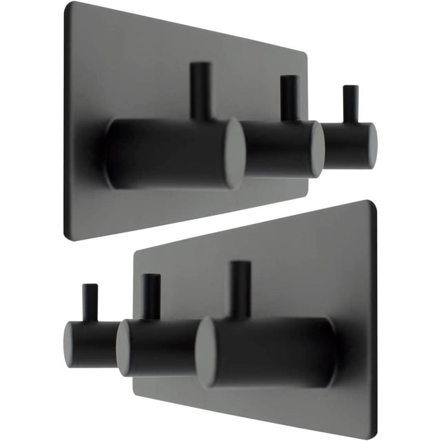 Paquete de 2 ganchos autoadhesivos, 3 ganchos de acero inoxidable impermeables para baño, toallas, sombreros, abrigos, dormitorio, ganchos resistentes para puertas (negro mate)