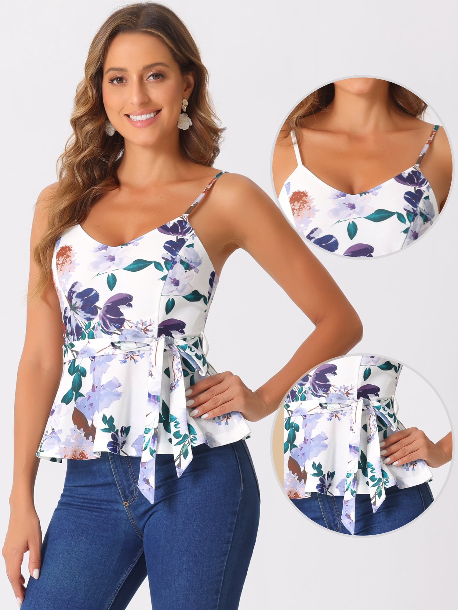 DARING DIVA Women's Floral Sleeveless Tie Waist Peplum Tank Top L White Purple