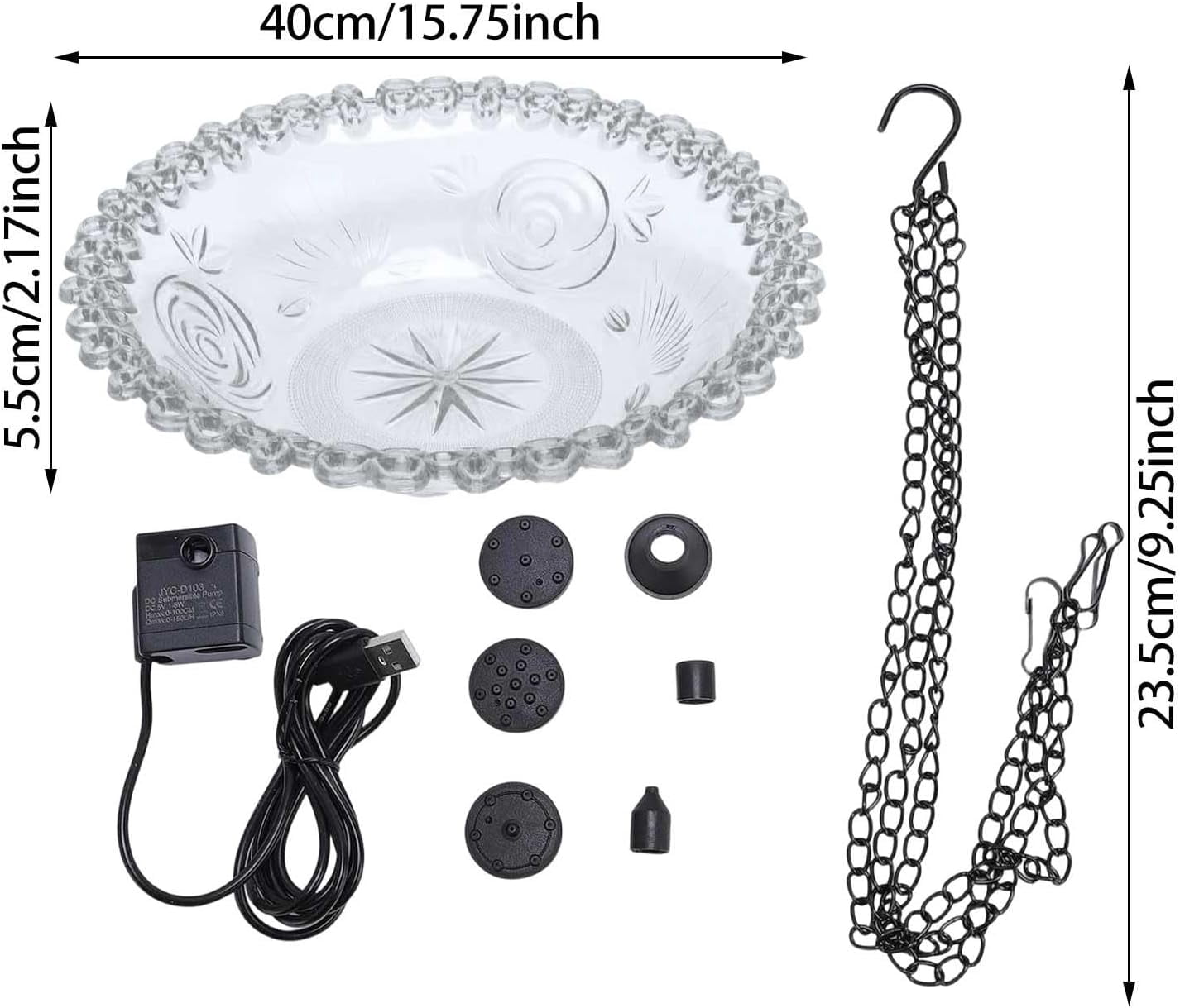 Solar Hanging Bird Bath with Fountain Pump, 12-inch Colorful Glass Birdbath Bowl with Metal Chains for Outdoor Garden, Backyard & Patio Decor (K)
