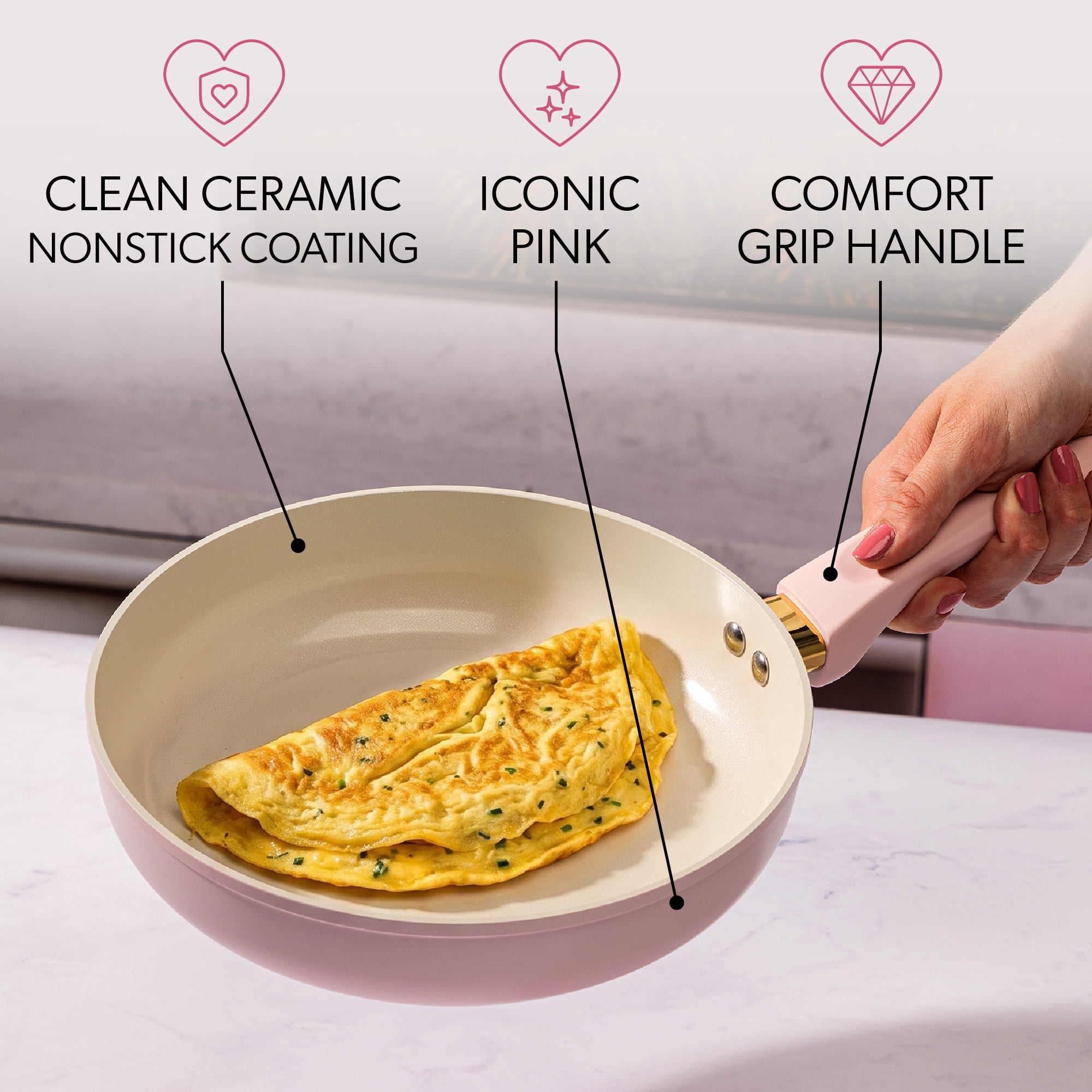 Paris Hilton 9.5-inch Fry Pan, Cast Aluminum, Clean Ceramic Nonstick Coating, Dishwasher Safe, Pink