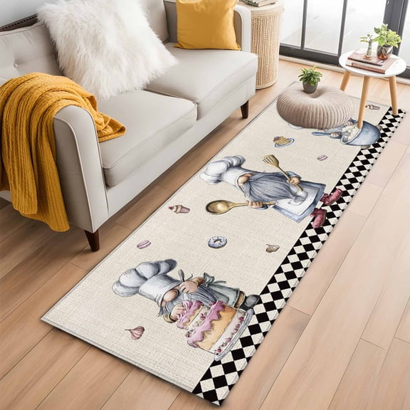 Black White Vintage Gnomes 2'x6' Runner Rugs for Hallway Kitchen Bedside Non Slip Washable, Checkered Retro Art Rustic Entryway Rug Runners with Rubber Backing, Long Carpet Runner for Laundry Room