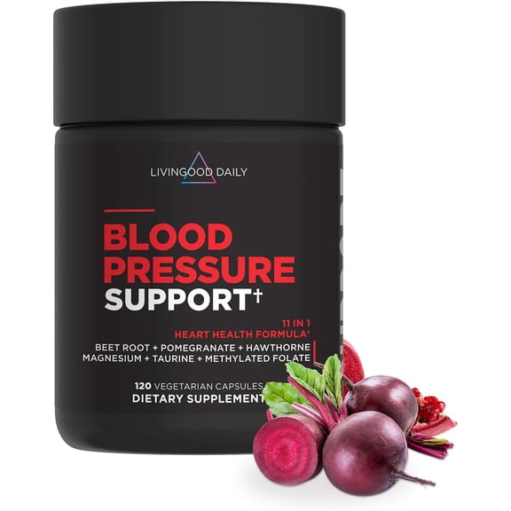 Livingood Daily Blood Pressure Support, Heart Health Supplement for Men & Women with Beet Root, Pomegranate, Hawthorn, Magnesium & Taurine, Cardiovascular Support Formula, Vegan, 120 Capsules