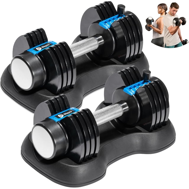 LifePro 5in1 Adjustable Dumbbells Set – 25 lb Each Quick Adjust Weights Dumbbells with Rack for Home Gym & Strength Training - Black