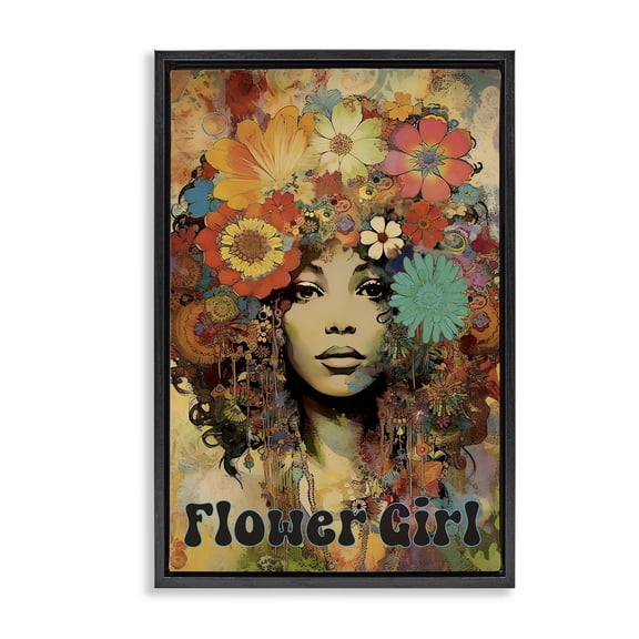 Bohemian Flower Girl Black Framed Floater Canvas Wall Art, design by Sasha