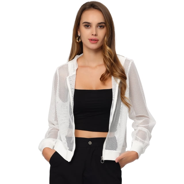 Chaqueta con capucha para mujer con cremallera de manga larga de malla pura chaquetas de bombardero blanco S