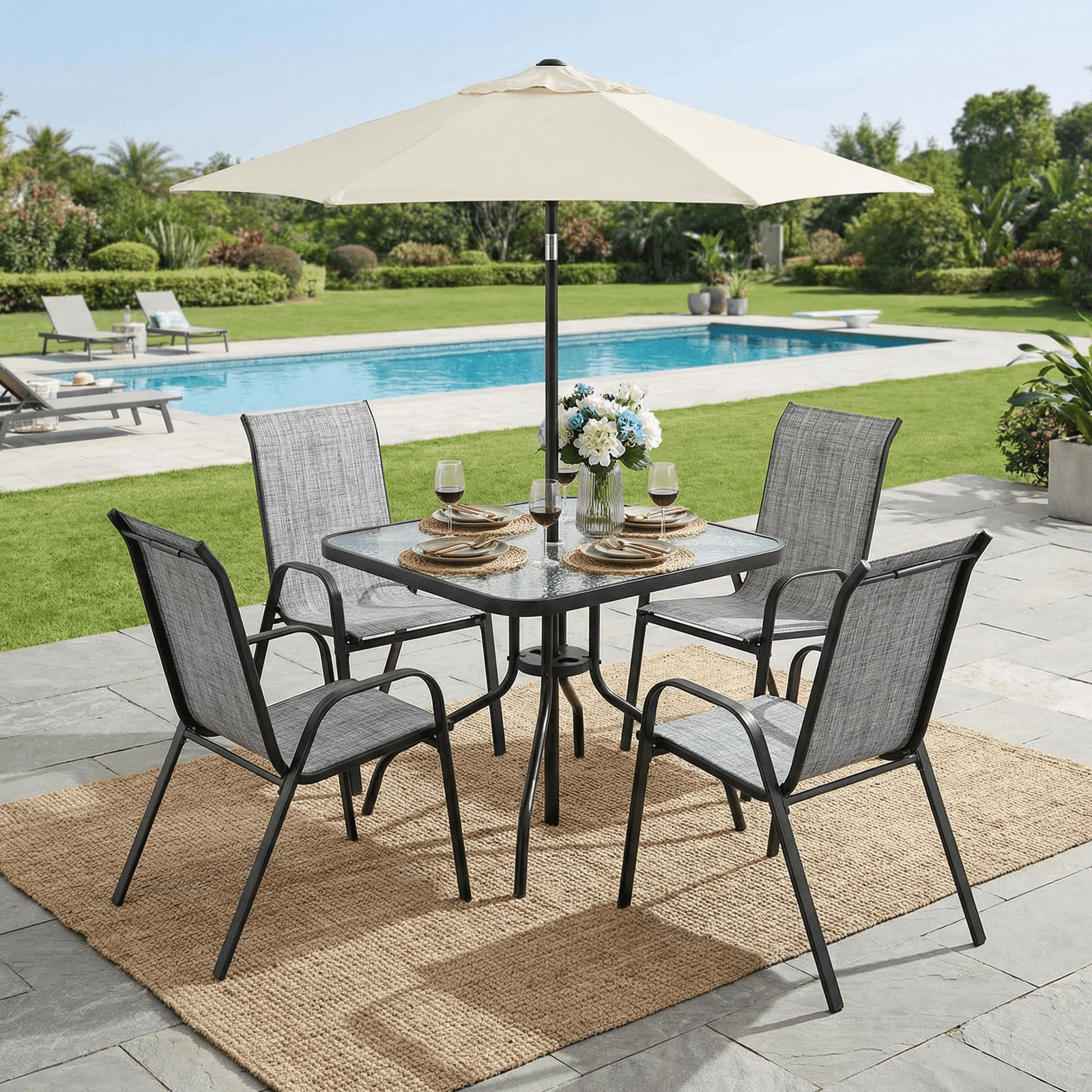 TLSUNNY Outdoor Patio Dining Set, Square Glass Table with Umbrella Hole & 4 Stackable Chairs, for Garden, Poolside, Backyard
