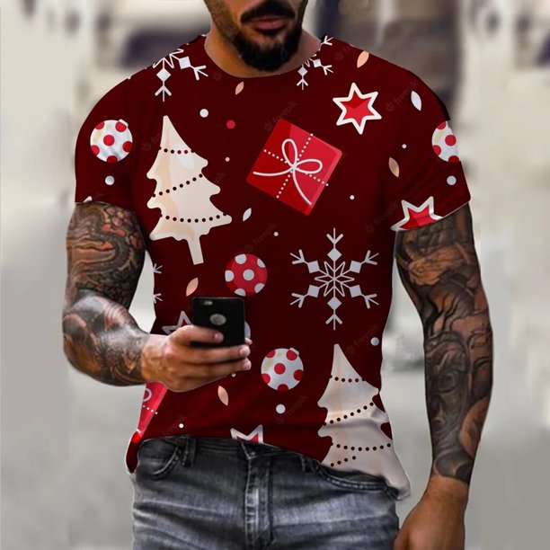 Camiseta con estampado 3D de Papá Noel y alce navideño para hombre, ropa informal suelta con cuello redondo, camisetas de verano, pantalón corto informal, Tops de manga, ropa para hombre
