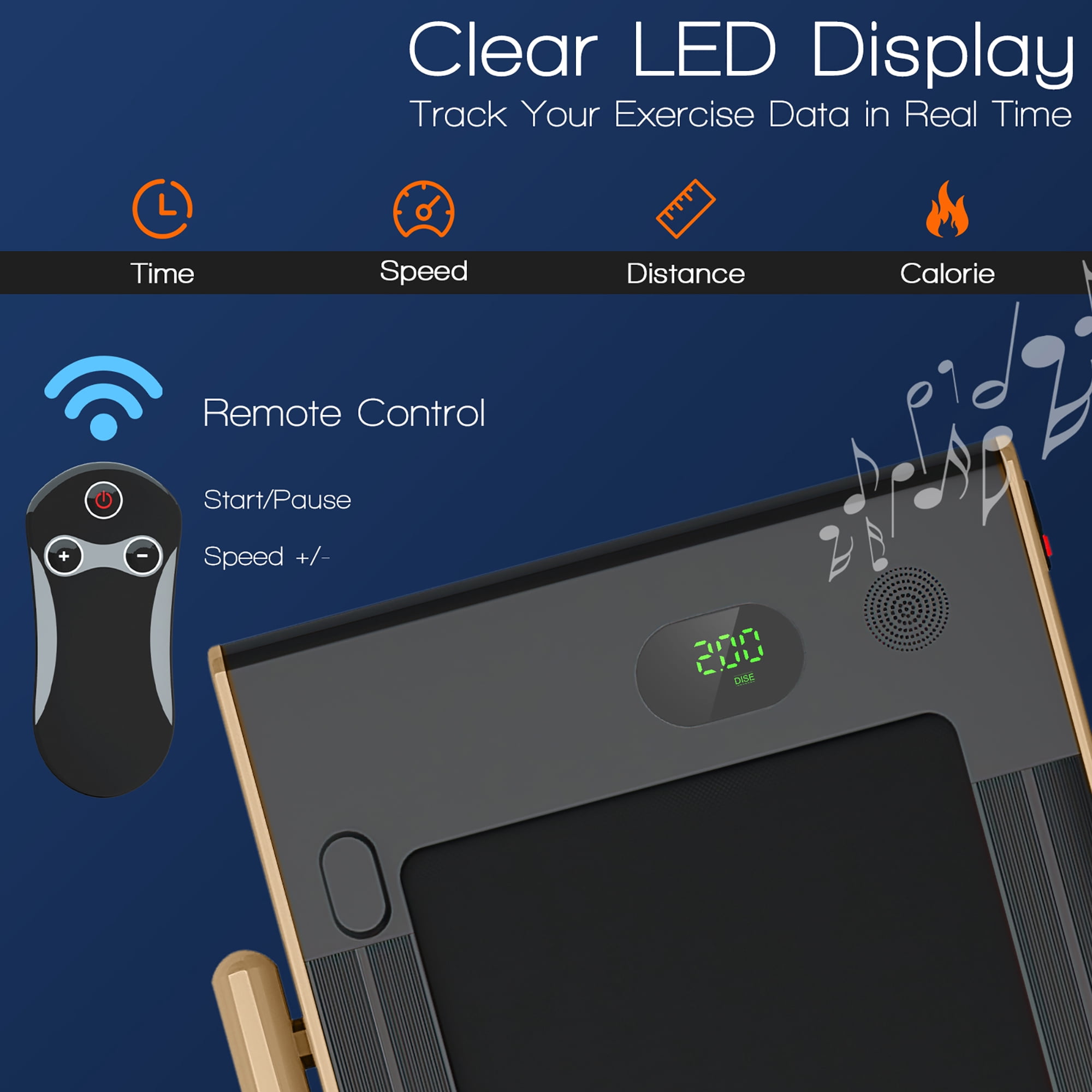Costway Up To 7.5MPH 2.25HP 2-in-1 Folding Under Desk Treadmill W/Remote Control  Speaker  APP, Single Display Screen Gold