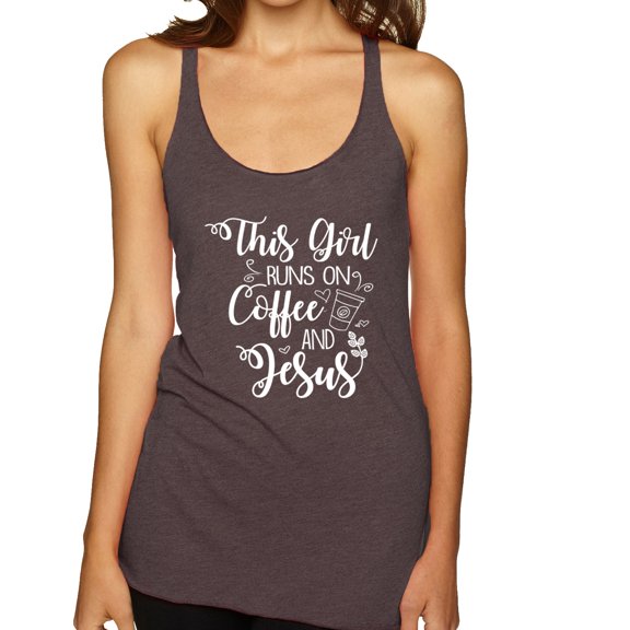 Wild Bobby This Girl Runs On Coffee And Jesus Inspirational/Christian Women Tri-Blend Racerback Tank Top, Brown, Small