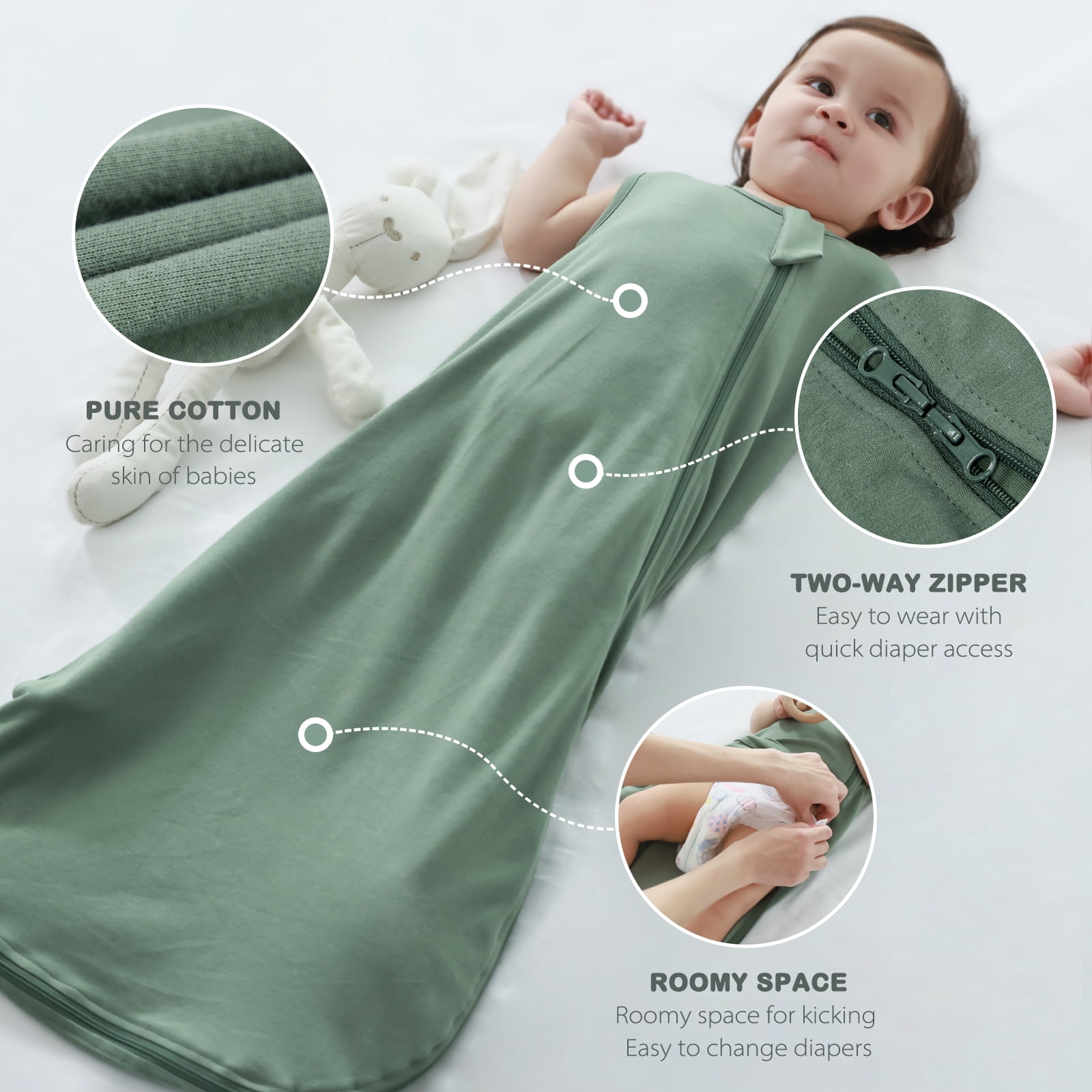 2Pcs Mosebears 0.5 Tog Baby Sleeping Bag - Cotton Summer Sleep Sack for Newborns, Boys & Girls(Dark Green&Sage,M(6-12 Months))
