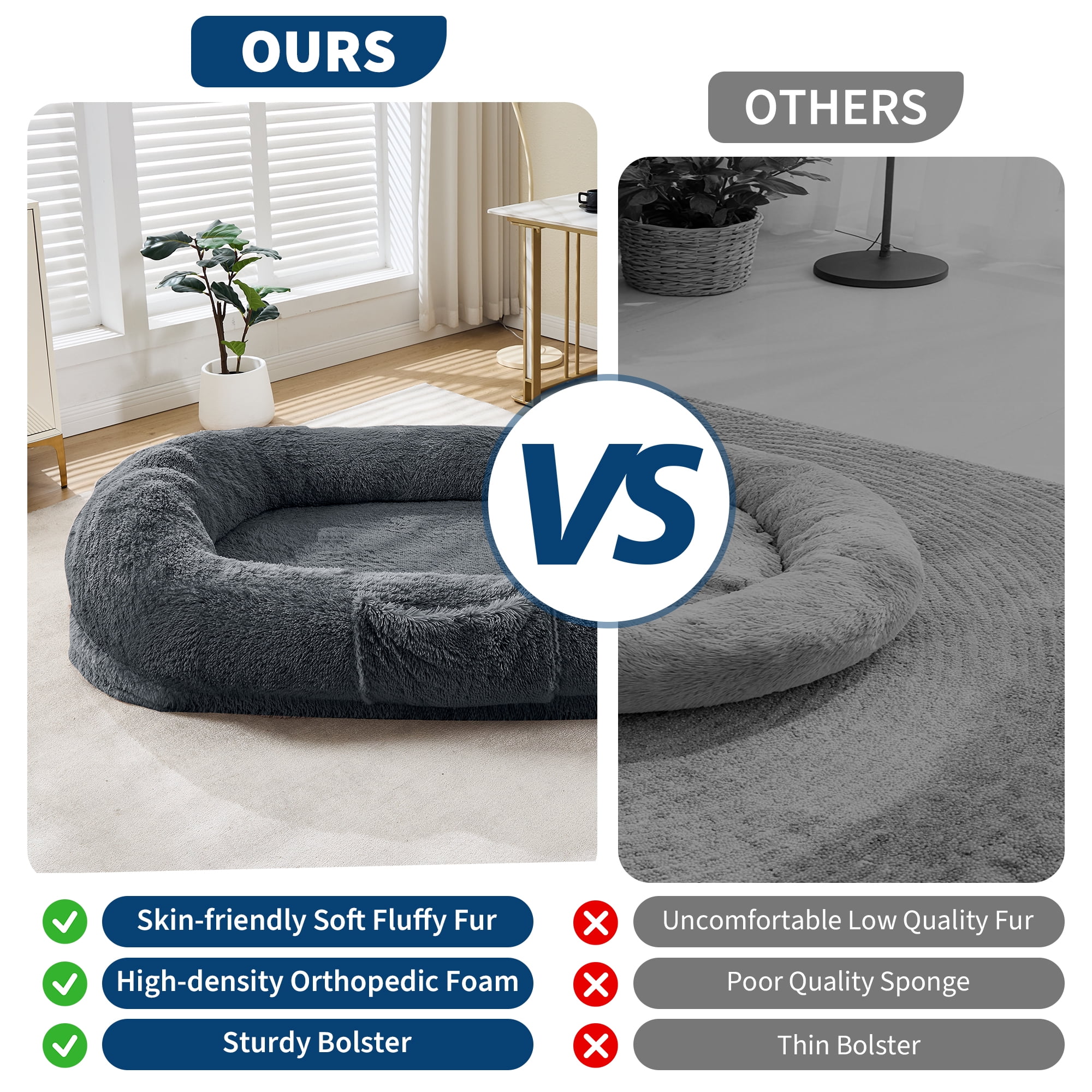 Danolapsi Human Dog Bed for Adult and Pets. Washable  Faux Fur. Napping Orthopedic Dog Bed with Side Pocket. Strap.No Assembly Required