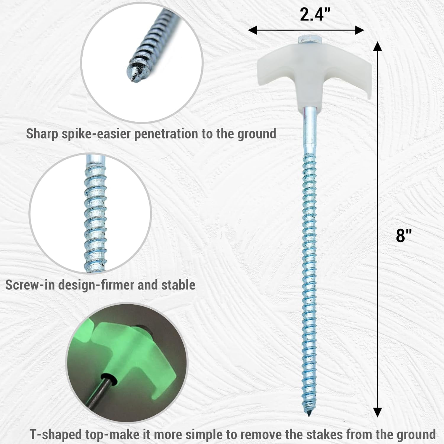 Screw in Tent Stakes Heavy Duty Metal Pegs for Ground, Drill in Camping Stake with Hex Head Driver, Spikes Puller, Protector in Carrying Bag, for Decor, Hiking, Glow in Dark