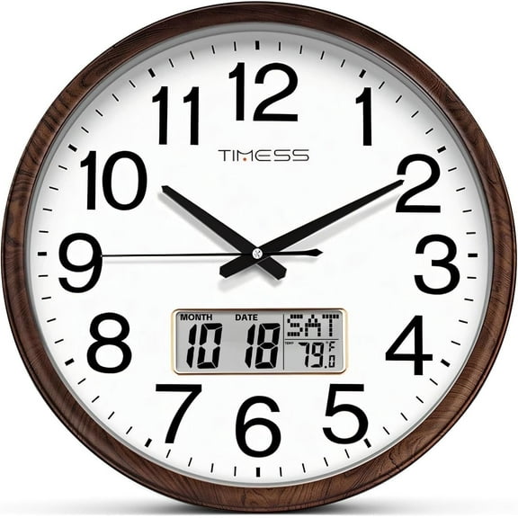 TIMESS 13" Digital Wall Clock with Brown Wood Grain Frame, Calendar and Temp Display, Silent Quartz