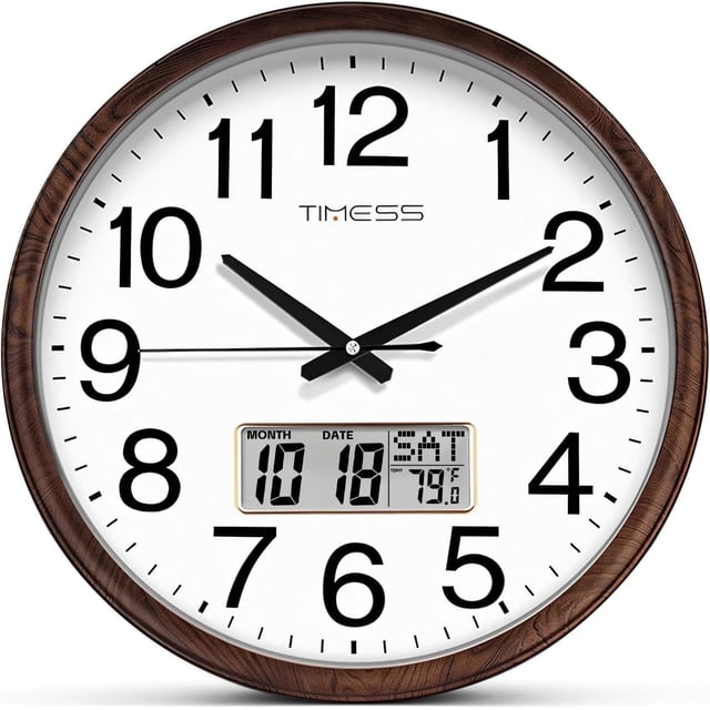 TIMESS 13" Reloj de Pared Digital con Marco de Veta de Madera Marrón, Calendario y Pantalla de Temperatura, Cuarzo Silencioso